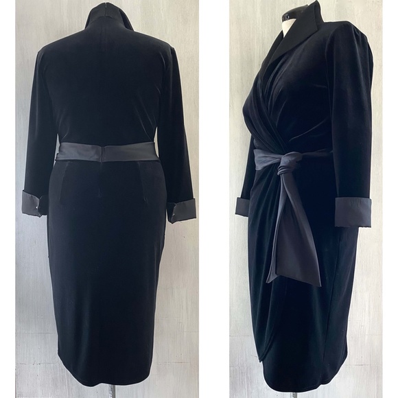 SOLD $$$ TADASHI SHOJI XL Black Velvet Faux Wrap Dress Satin Cuffs + Tie MINT - Picture 3 of 11